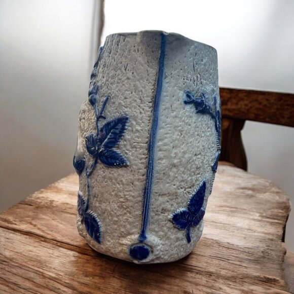 Antique Blue & White Relief Pitcher With Floral & Woman Design - Picture 3 of 10